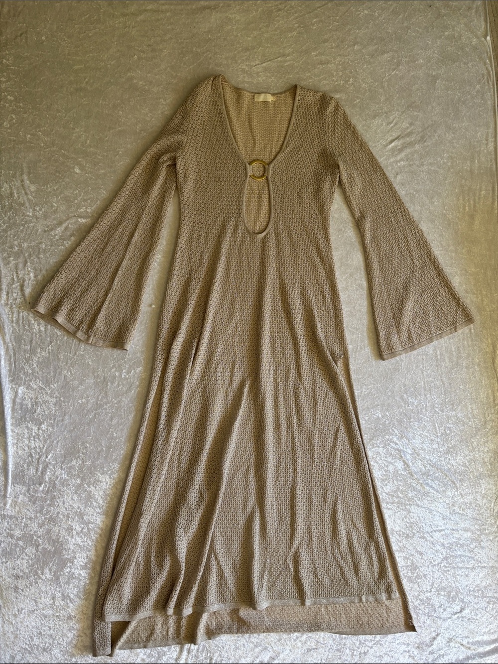 Monday Taupe Boho Knit Bell Sleeve Maxi Dress